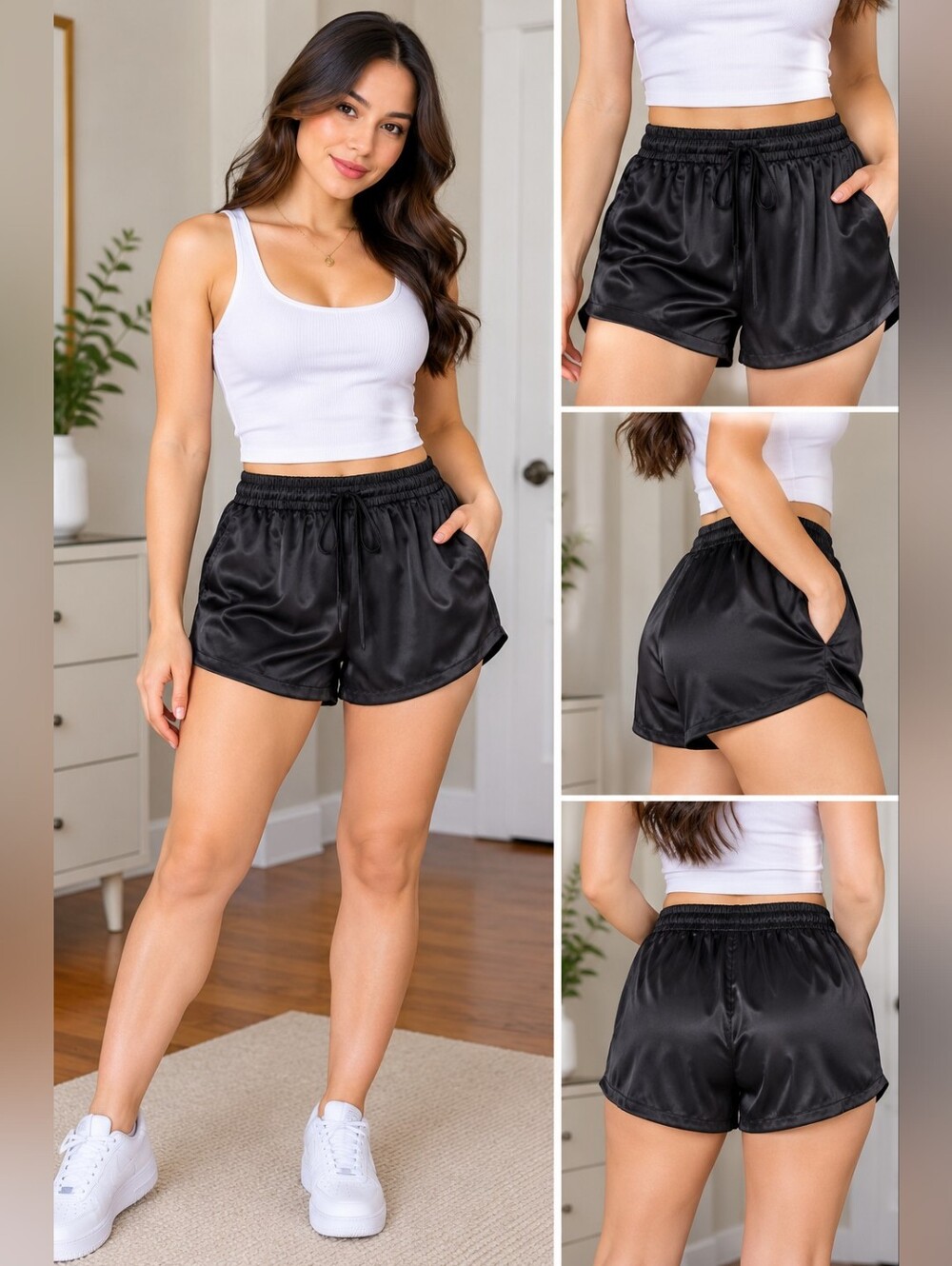 Glamorous Satin Black Elastic-Waist  Shorts